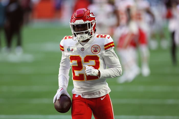 Feb 12, 2023; Glendale, Arizona, US; Kansas City Chiefs cornerback Joshua Williams (23) warms up before Super Bowl LVII against the Philadelphia Eagles at State Farm Stadium. Mandatory Credit: Bill Streicher-USA TODAY Sports